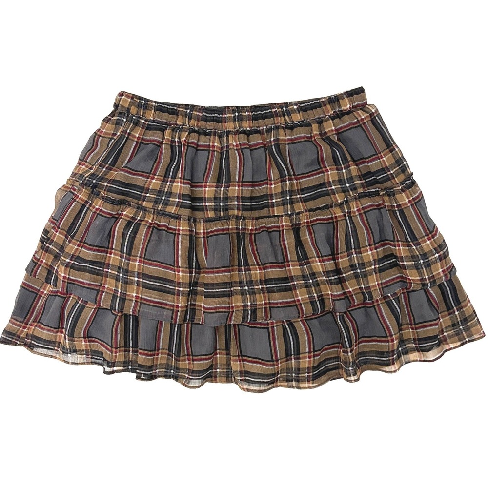 Vintage Mini Skirt Plaid Tiered Ruffle Brown Grey Red Small